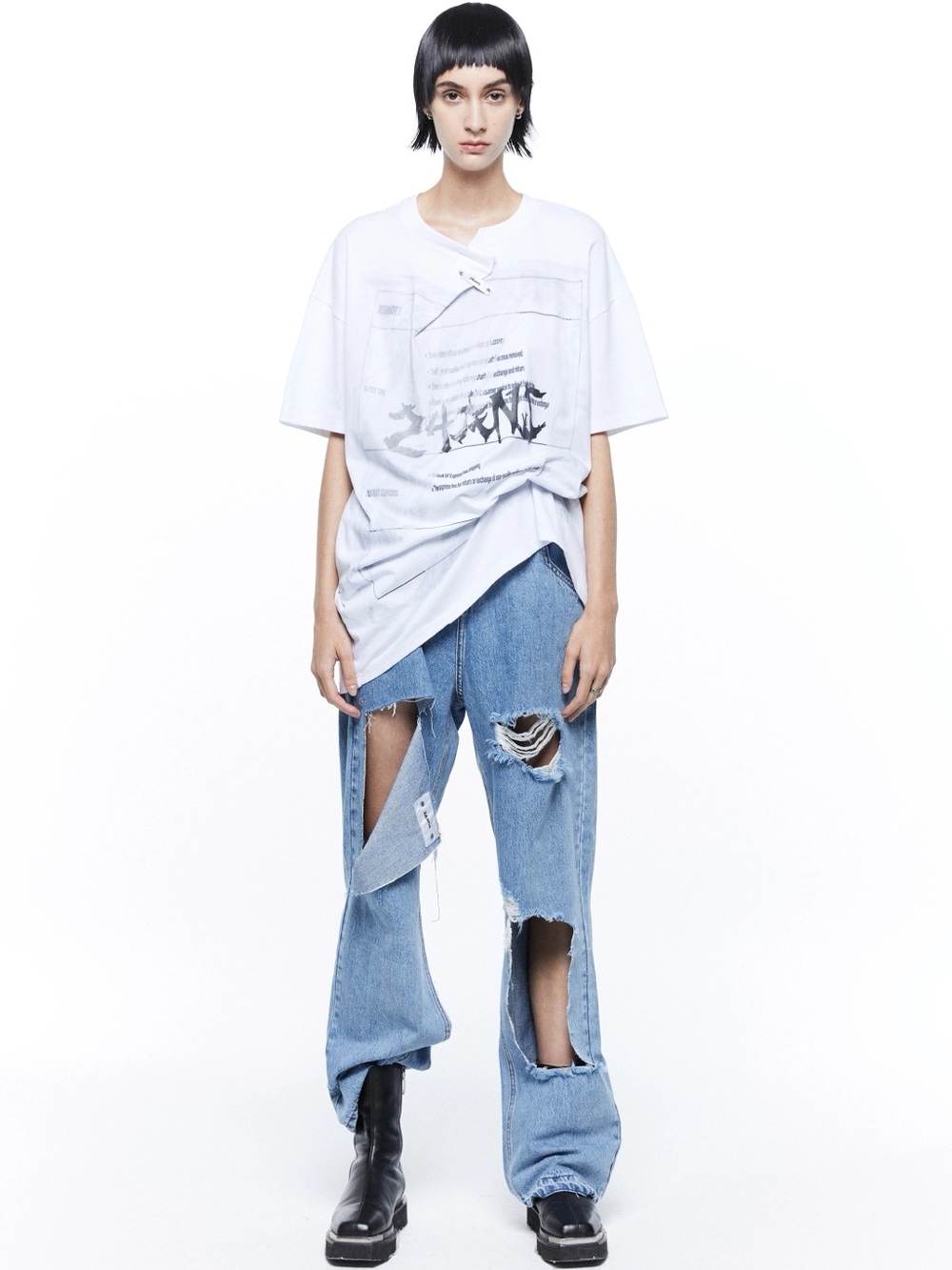 24ans White Folding neckline Graphic Relaxed T-shirt